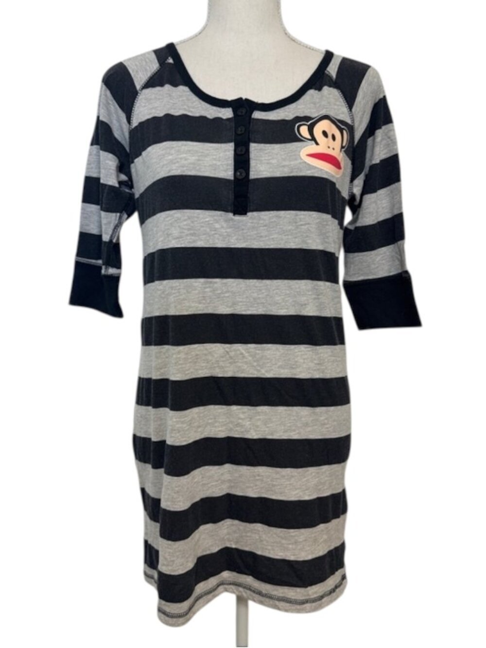 Paul Frank Striped Henley Tunic with Monkey Patch Women's Size Small Grey Black